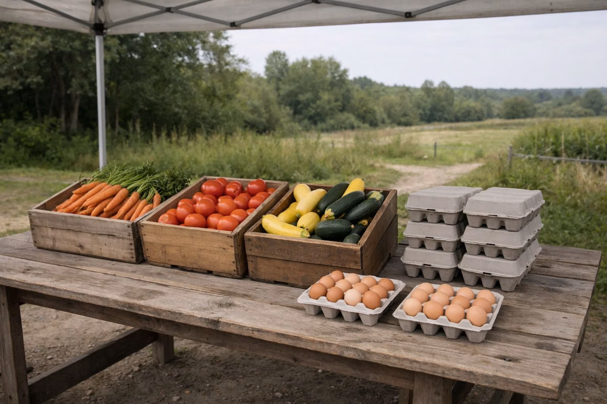 A wooden farm stand table with crates of carrots, tomatoes, squash and egg cartons under a canopy