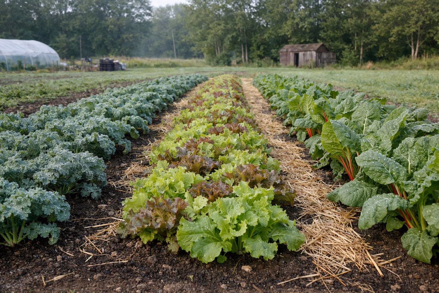 Rows of kale, lettuce and chard in dark soil with straw between the rows
