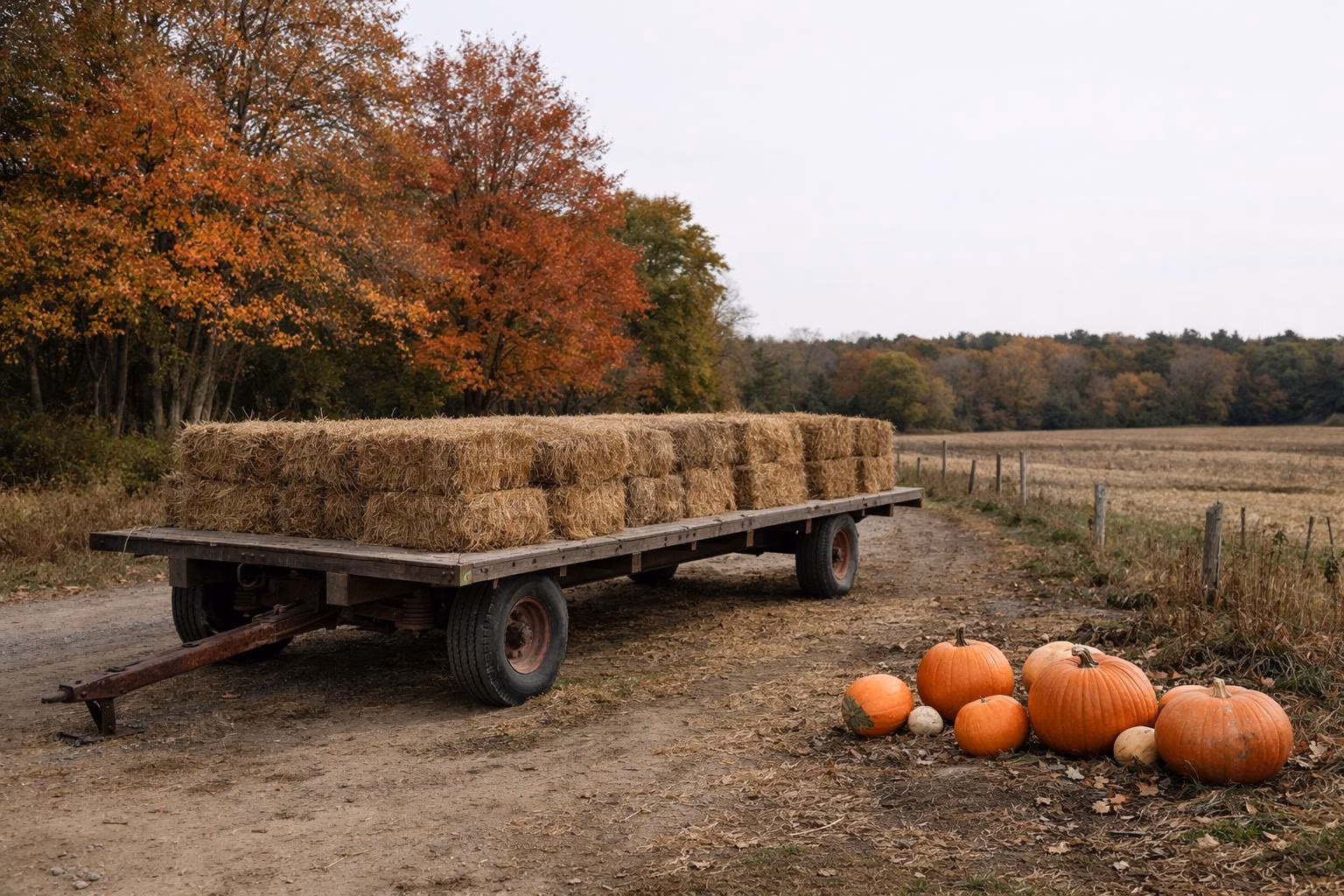 An empty hay wagon with bales on a farm lane beside a field, pumpkins and fall trees