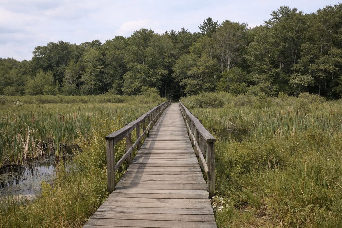 A plank boardwalk crossing a wet meadow with cattails and shrubs