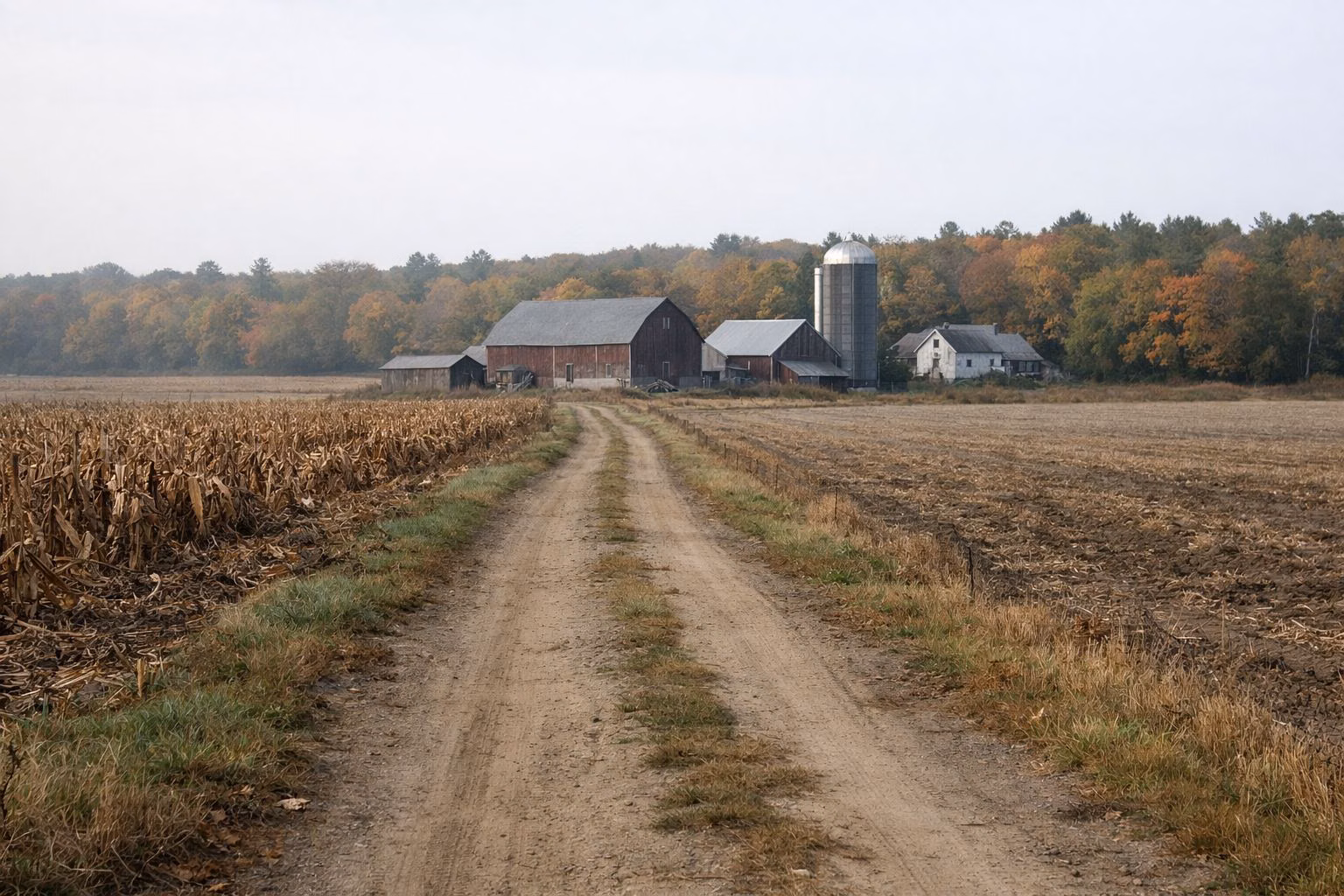 A dirt farm lane between harvested fields leading toward barns, fall foliage